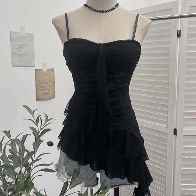 Asymmetric Ruffle Padded Lace Cami