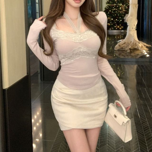 Halter Lace Panel Crop Tee & High-Waist Skirt