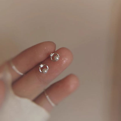 Faux Alloy Earring Rhinestone Stud Pearl