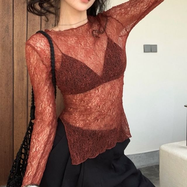 Crew Neck Lettuce Edge See-Through Lace Top