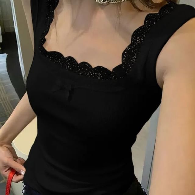 Square Neck Lace Trim Sleeveless Tank Top