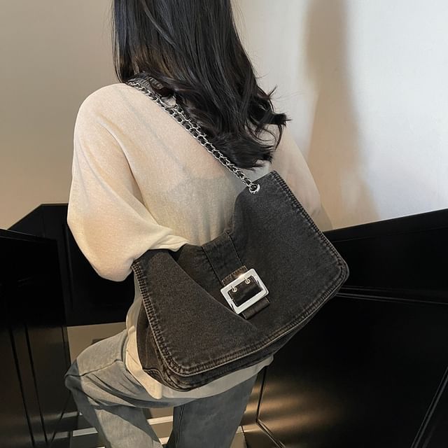 Chain Strap Washed Denim Shoulder Bag