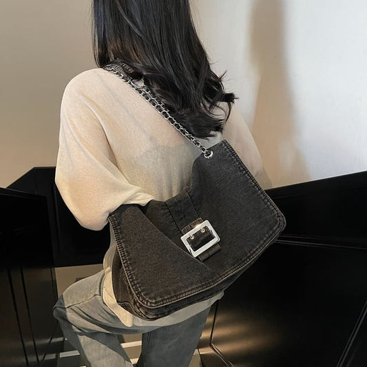 Chain Strap Washed Denim Shoulder Bag
