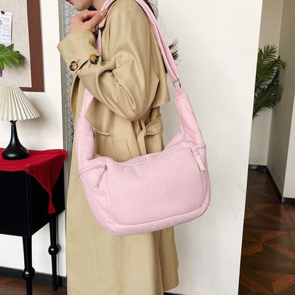 Plain Corduroy Zip Shoulder Bag