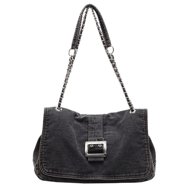 Chain Strap Washed Denim Shoulder Bag
