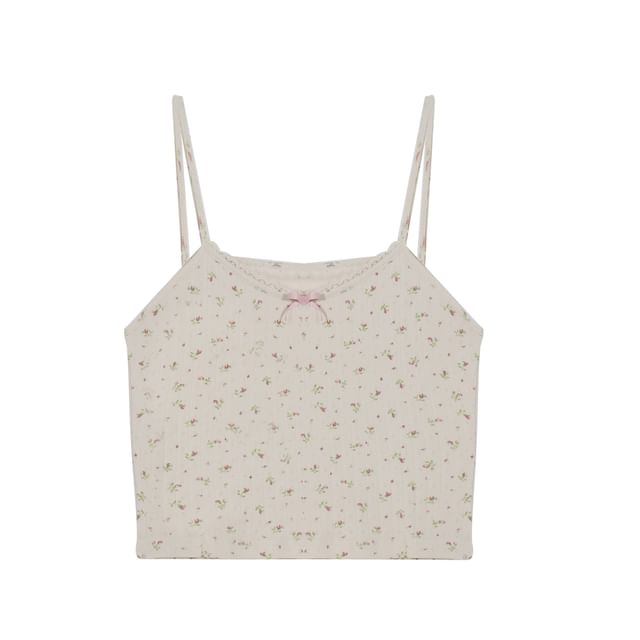 Plus Size Floral Bow Lace Trim Ribbed Camisole Top