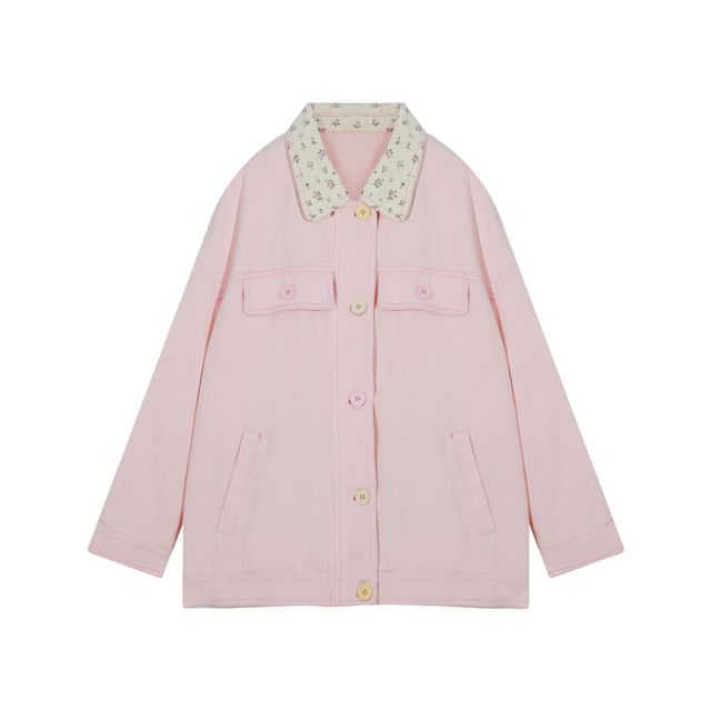 Plus Size Collar Floral Panel Zip Jacket