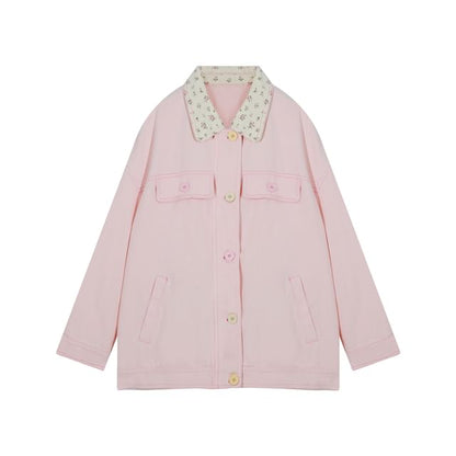 Plus Size Collar Floral Panel Zip Jacket