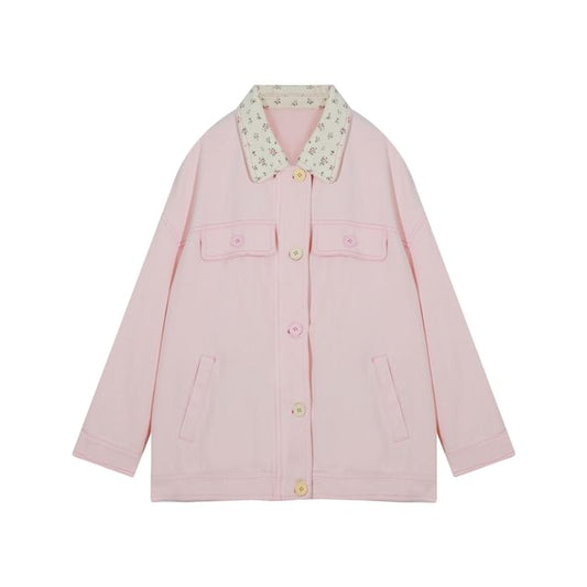 Plus Size Collar Floral Panel Zip Jacket