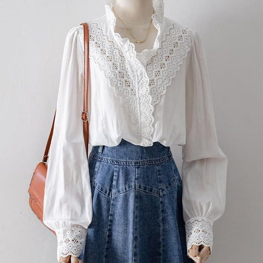 Puff-Sleeve Eyelet Lace V-Neck Blouse