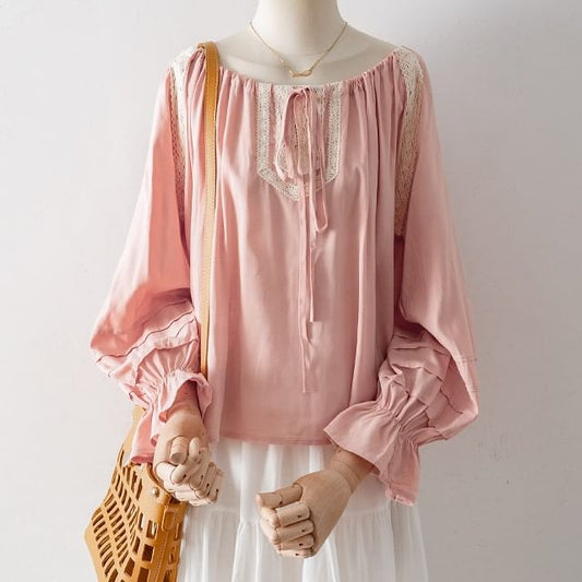Lace Panel Drawstring Puff-Sleeved Blouse