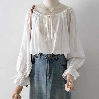 Lace Panel Drawstring Puff-Sleeved Blouse
