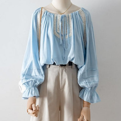 Lace Panel Drawstring Puff-Sleeved Blouse