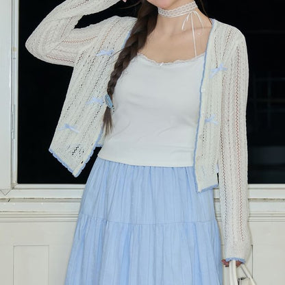 Plus Size Contrast Trim Bow Pointelle Cardigan