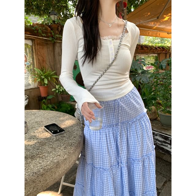 Henley Lace-Trim Tee & Gingham Maxi Skirt Set