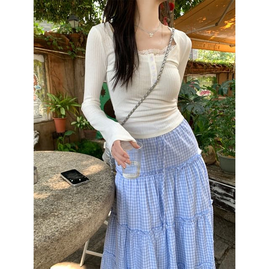 Henley Lace-Trim Tee & Gingham Maxi Skirt Set