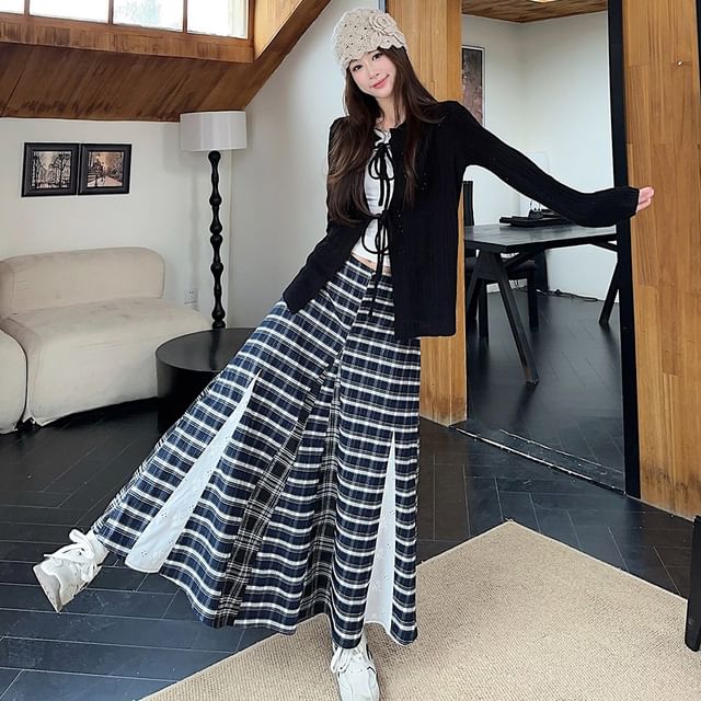 Low Waist Plaid Maxi A-Line Skirt Lace-Up Cardigan