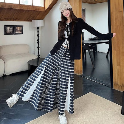 Low Waist Plaid Maxi A-Line Skirt Lace-Up Cardigan