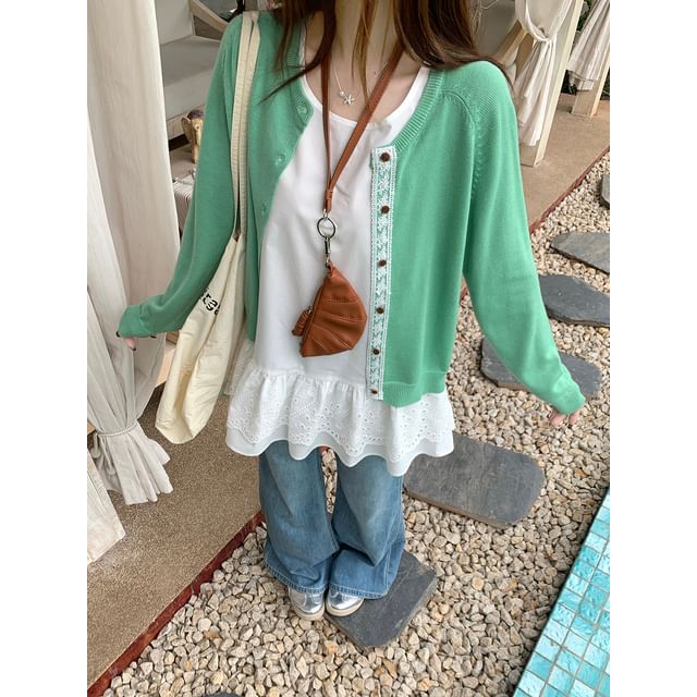 Round-Neck Lace Cardigan & Peplum Tank Set