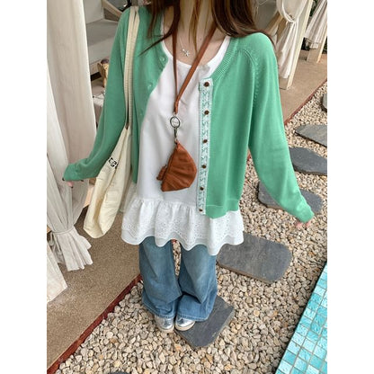Round-Neck Lace Cardigan & Peplum Tank Set