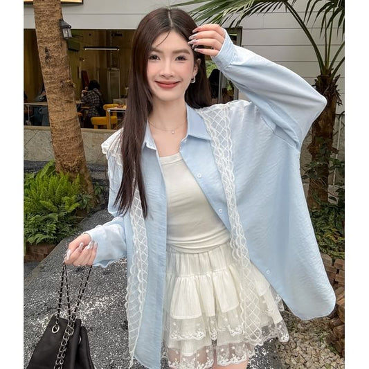 Sailor Collar Plaid Lace Scarf Long-Sleeved Shirt