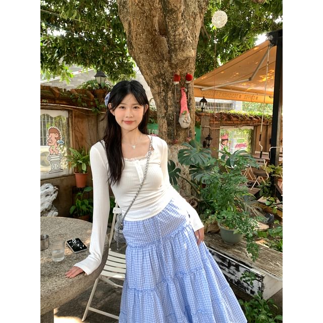 Henley Lace-Trim Tee & Gingham Maxi Skirt Set