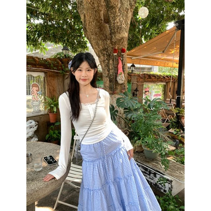 Henley Lace-Trim Tee & Gingham Maxi Skirt Set