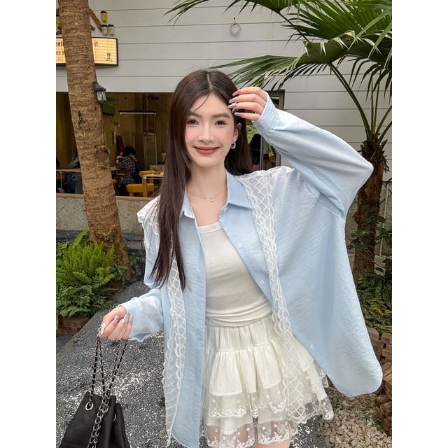Sailor Collar Plaid Lace Scarf Long-Sleeved Shirt