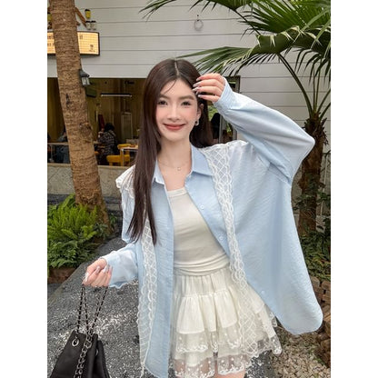Sailor Collar Plaid Lace Scarf Long-Sleeved Shirt