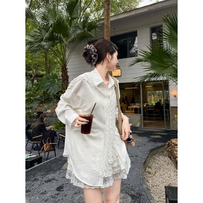 Sailor Collar Plaid Lace Scarf Long-Sleeved Shirt