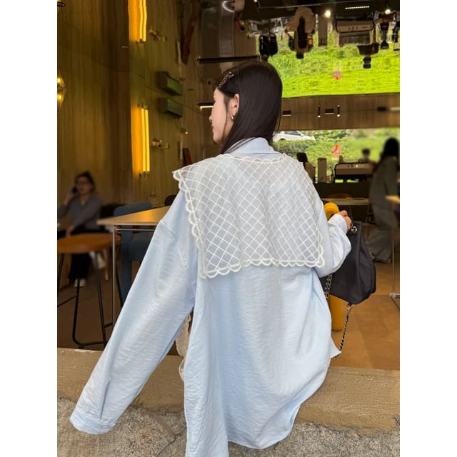Sailor Collar Plaid Lace Scarf Long-Sleeved Shirt