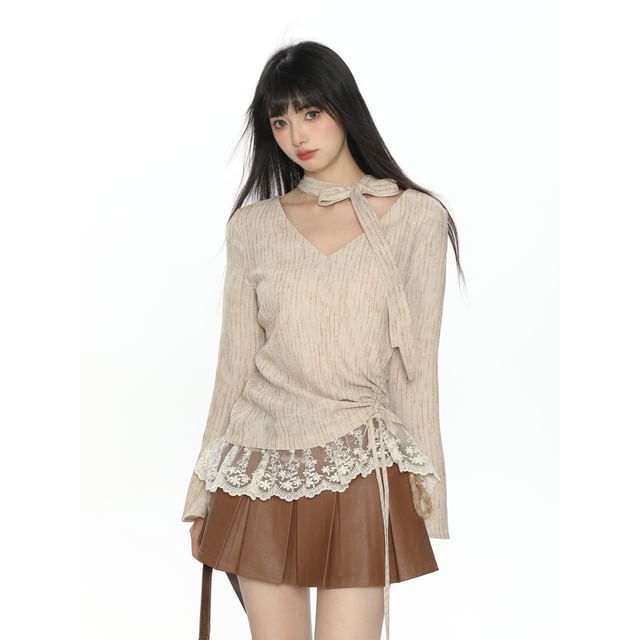 Striped Lace-Trim V-Neck Long-Sleeve Tee