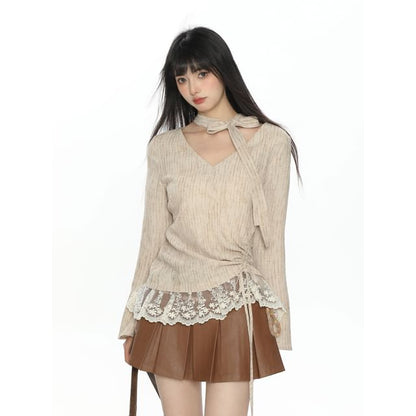 Striped Lace-Trim V-Neck Long-Sleeve Tee