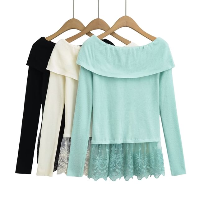 Off-Shoulder Lace Panel Knit Long-Sleeved Top