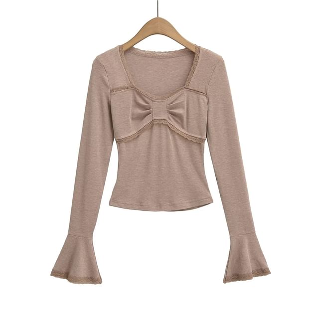 Ruched Scoop Neck Lace Trim Slim Fit Crop Tee