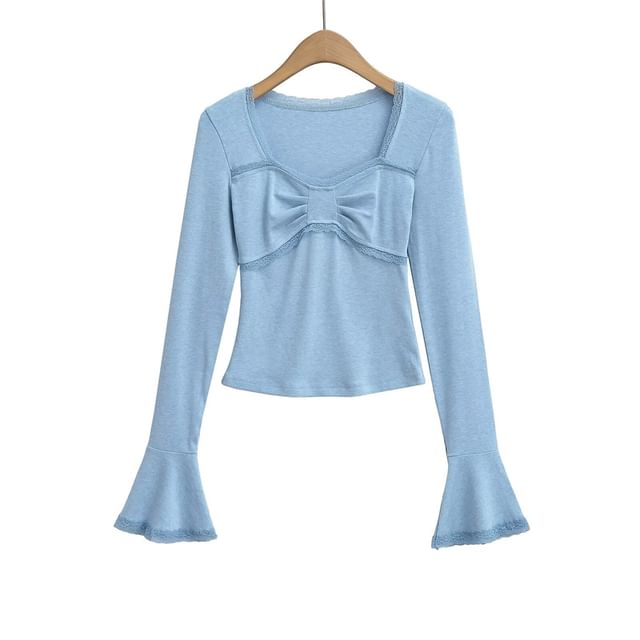Ruched Scoop Neck Lace Trim Slim Fit Crop Tee