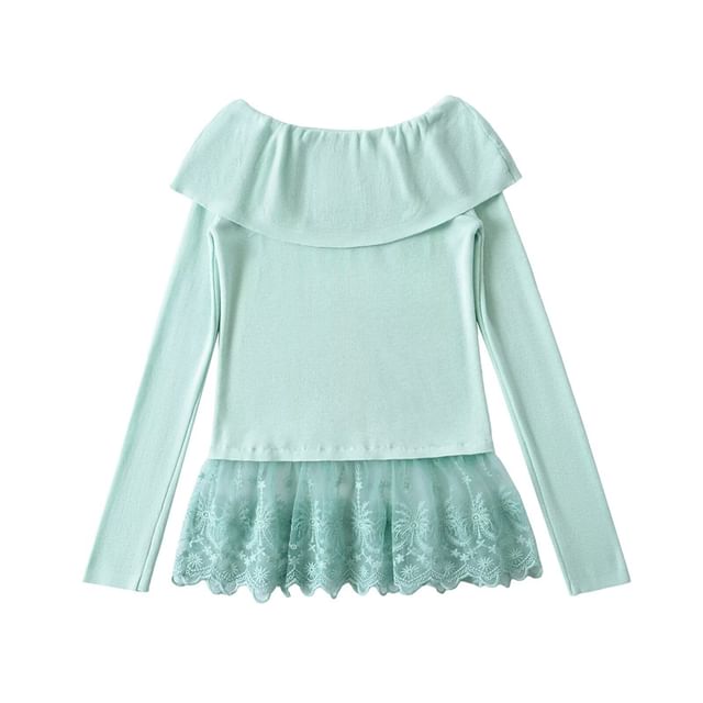 Off-Shoulder Lace Panel Knit Long-Sleeved Top