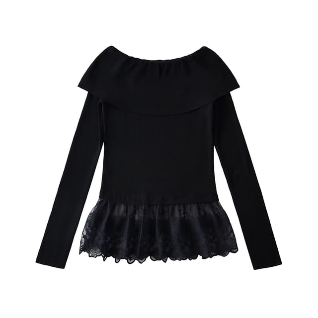 Off-Shoulder Lace Panel Knit Long-Sleeved Top
