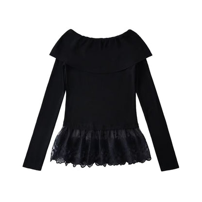 Off-Shoulder Lace Panel Knit Long-Sleeved Top