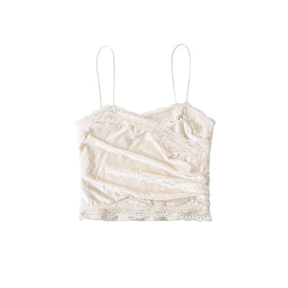Ruched Velvet Lace Trim V-Neck Crop Camisole