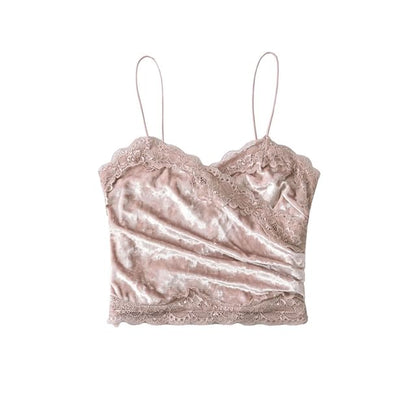 Ruched Velvet Lace Trim V-Neck Crop Camisole