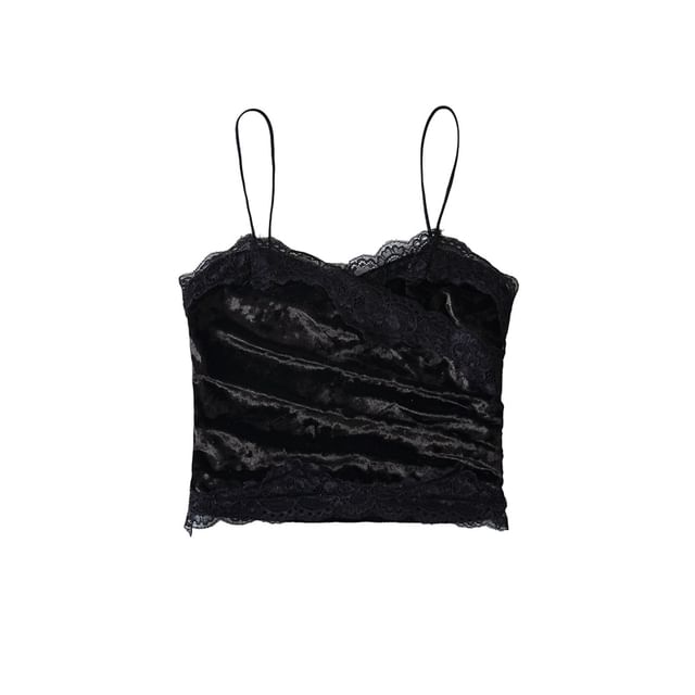 Ruched Velvet Lace Trim V-Neck Crop Camisole
