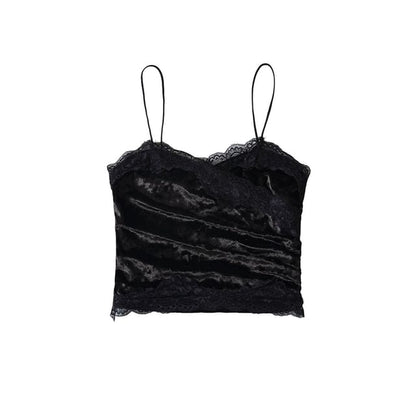 Ruched Velvet Lace Trim V-Neck Crop Camisole