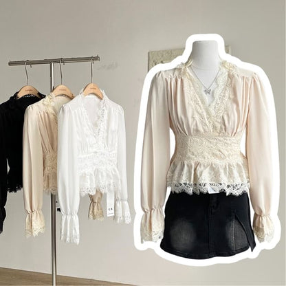 V-Neck Long-Sleeve Lace Ruffle Blouse