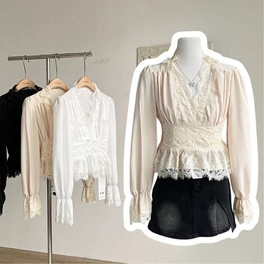 V-Neck Long-Sleeve Lace Ruffle Blouse