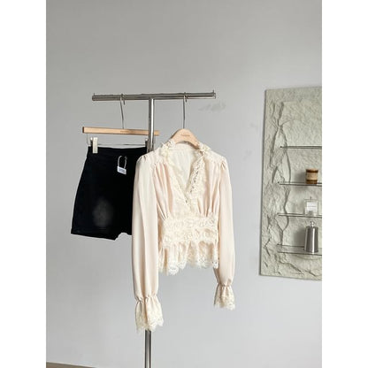 V-Neck Long-Sleeve Lace Ruffle Blouse