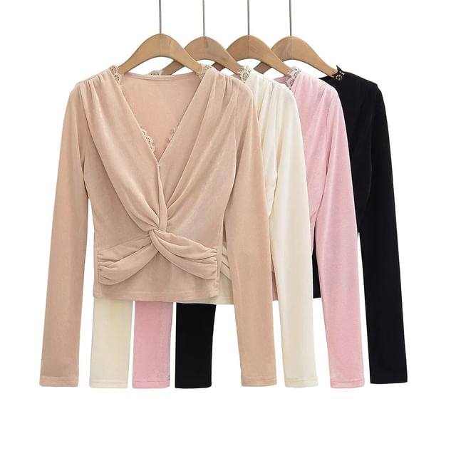 Twist-Front Lace-Trim V-Neck Crop Top