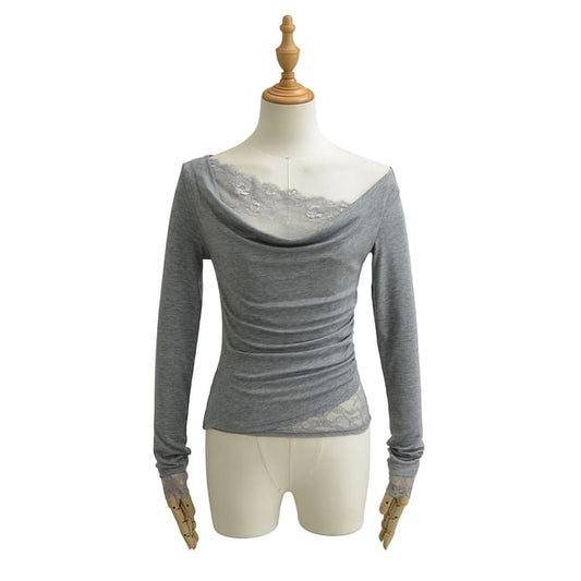 Cowl V-Neck Lace Ruffle Long-Sleeve Tee