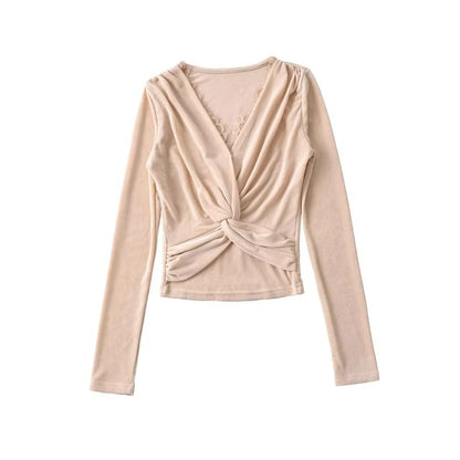 Twist-Front Lace-Trim V-Neck Crop Top