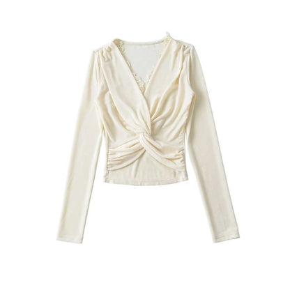 Twist-Front Lace-Trim V-Neck Crop Top